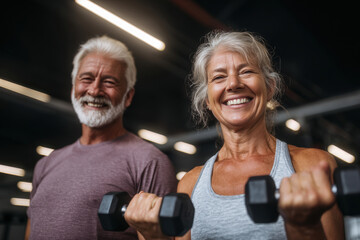 Naklejka premium Smiling Senior Couple Exercising with Dumbbells in Bright Gym