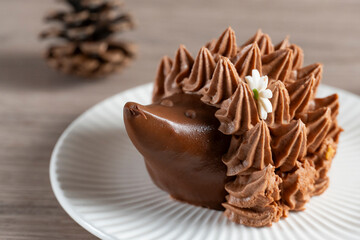 Close-up of Chocolate Hedgehog Cake with Whipped Cream
