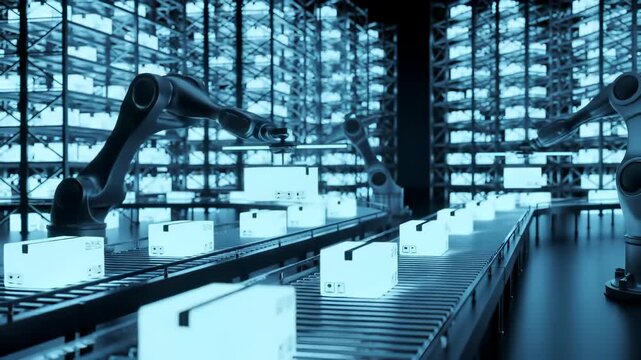 Shipping Logistics: Automated robots sort e-commerce packages on a warehouse conveyor, enhancing supply chain delivery.