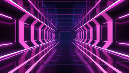 Futuristic neon pink and purple glowing tunnel with a geometric hexagonal structure stretching into the distance creating a sense of depth and movement