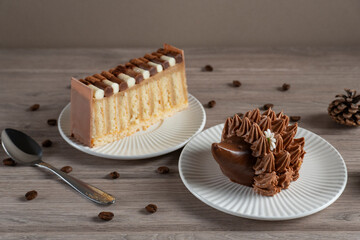 Rustic Coffee and Dessert Duo on Wooden Table