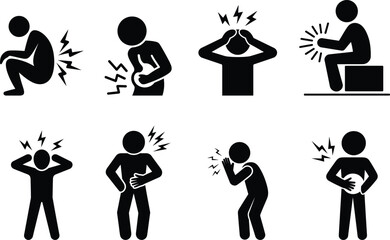 Pain symptoms and illness icons set