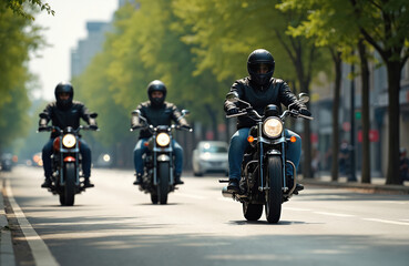 Three motorcyclists ride classic motorcycles on sunny city road. Men wear helmets, leather jackets, driving bikes through urban street. Green trees line summer route, showing motor travel, adventure