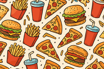 Bright and playful pattern of fast food items featuring burgers, pizza, fries, and drinks on a light background