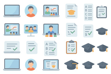 Online education tools for remote learning with laptops, documents, and graduation caps