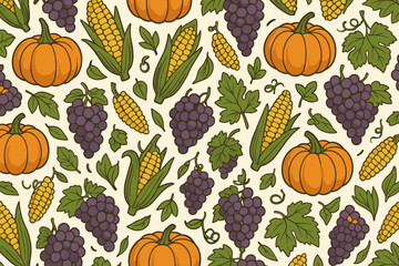 Colorful harvest pattern full of pumpkins, corn, and grapes on a light background for autumn decoration