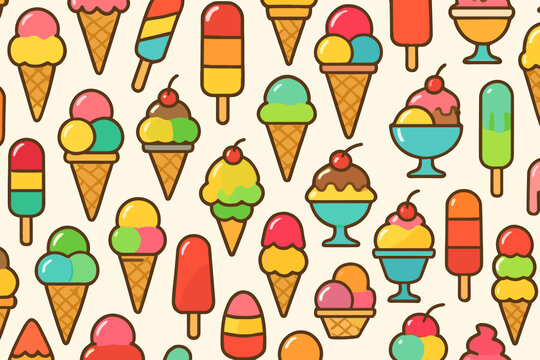 Colorful ice cream cones and popsicles create a fun and vibrant pattern for summer celebrations and desserts