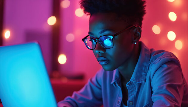 Young woman in glasses looks at laptop screen. Works intently in room with vibrant neon lighting. Blue screen glow reflects in modern tech eyewear. Focuses on task in colorful digital workspace. - Powered by Adobe