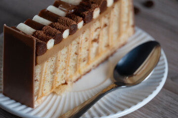 Chocolate Cream Layered Cake Slice on White Plate