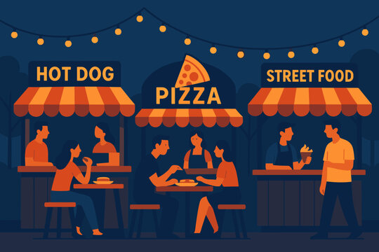 Food stands with hot dogs, pizza, and desserts in a lively evening market