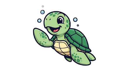 Naklejka premium A cheerful, cartoon-style sea turtle swims in clear water, surrounded by bubbles, radiating joy and peace underwater.