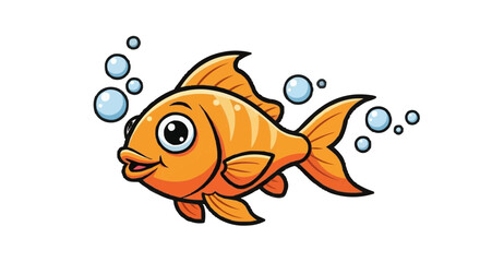 A cartoon depiction of a bright orange goldfish surrounded by bubbles, set against a solid transparent background. 