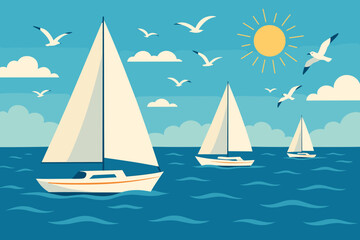 Naklejka premium Sailboats gliding across calm waters under a bright sun with birds soaring in a clear blue sky