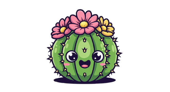 Adorable cartoon cactus character with pink and yellow flowers wearing a cute smile and googly eyes. Isolated on black.