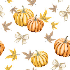 Autumn yellow pumpkins, maple leaves, bows, white background. Vector seamless pattern. Fall season illustration. Garden nature design