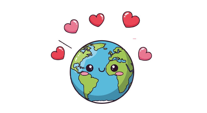 A happy earth with cute hearts floating around it, a symbol of love and appreciation for our planet's well-being.