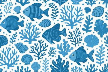 Naklejka premium Colorful sea life pattern with fish and coral in shades of blue on a light background