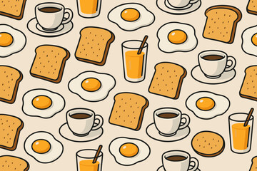 Breakfast spread featuring coffee, eggs, toast, and juice with simple, colorful design on a light background