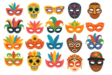 Fototapeta premium Carnival and cultural mask icon set – colorful masquerade, tribal, and festival illustrations