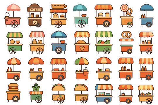 Colorful food carts displayed in a lively market scene featuring snacks and beverages on a sunny day