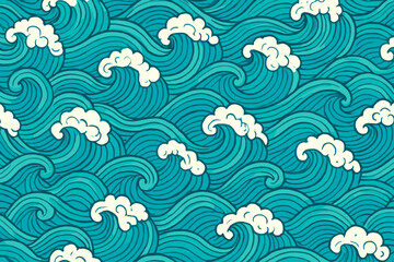 Fototapeta premium Swirling turquoise waves and fluffy white clouds create a dynamic ocean pattern that evokes tranquility and movement