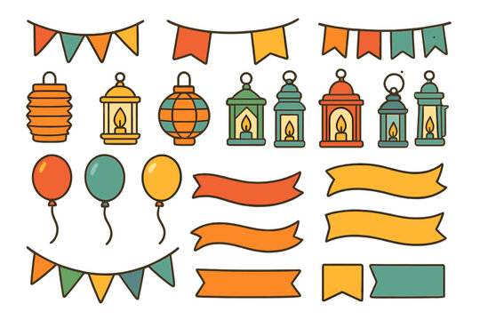 Colorful decorative elements for festive celebrations featuring lanterns, balloons, and banners suitable for various events