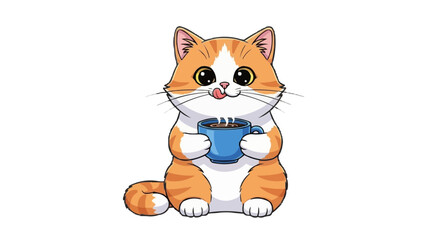 Fototapeta premium An orange and white cartoon cat with big eyes holding a blue mug of steaming coffee and licking its chops in anticipation.