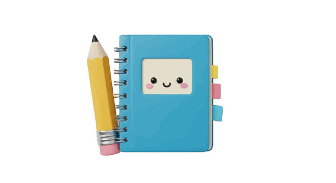 Cheerful notebook with a cute smiley face, pastel tabs, and a yellow pencil, creating a joyful school supply scene.