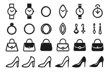 Elegant fashion accessory icon set in black silhouette style