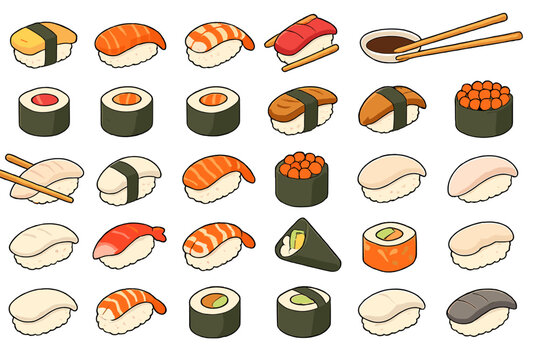 Variety sushi icon set with rolls, nigiri, and condiments