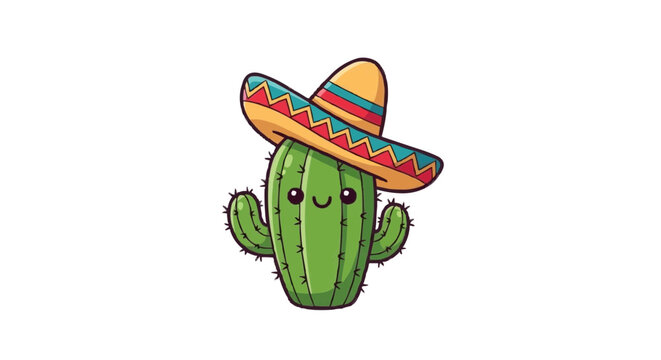 A friendly cartoon cactus wears a colorful sombrero, radiating cheerfulness and good times in a simple, charming design.