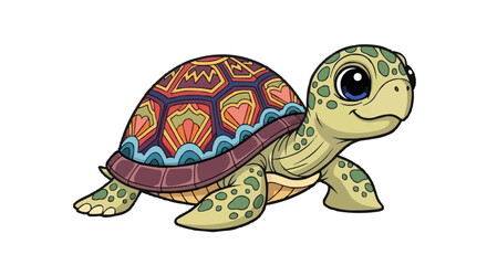 A charming cartoon turtle with a colorful, patterned shell poses, radiating serenity and gentle curiosity with its eyes.