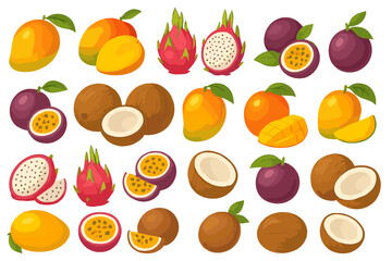 Colorful assortment of tropical fruits displayed in an artistic arrangement showcasing their vibrant shapes and textures