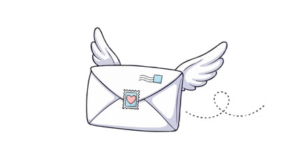 A charming cartoon letter soars with wings, sealed with a heart stamp, sending messages of affection and connection.