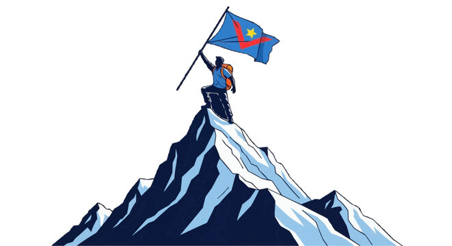 Achieving summit goals: A hiker stands atop a snowy mountain, victoriously waving flag, embodying triumph and perseverance. 