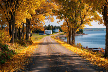 Autumn paved road lined with maple trees in peak fall foliage, golden leaves scattered along the road, distant view of charming autumn lake and coastline