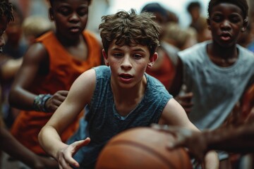 Boy Dribbling Basketball with Teammates in Dynamic Action Shot