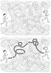 A vector illustration features a complex, path maze, with two running cartoon children positioned at opposite ends - maze for kids with a solution in black and white