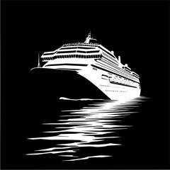 A white cruise ship sailing on dark water with reflections in a black and white illustration style image