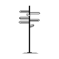 Illustration of a black and white signpost with multiple direction arrows pointing in different directions