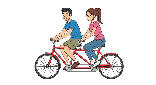 A couple riding on a red tandem bicycle together, smiling and enjoying their shared activity. Fun adventure on two wheels.