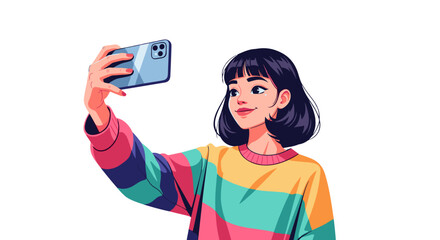 Cartoon girl in a colorful sweater smiling as she takes a selfie with her phone on a black isolated background.
