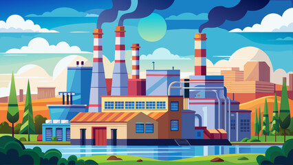 Fototapeta premium Very beautiful Springfield, Illinois industrial factory scene showing smoke rising from a power plant smokestack against a clear blue sky, symbolizing energy production and urban industry.