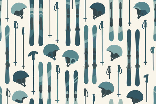 Seamless skiing gear pattern with skis, helmets, and poles in winter tones