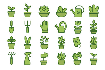 Set of green gardening and potted plant icons