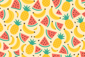 Bright tropical fruit pattern with bananas, pineapples, and watermelon