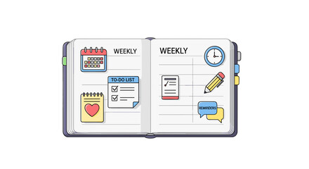 Open weekly planner with scheduling and to-do list icons, emphasizing organization and productivity for a structured lifestyle.