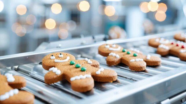 smiling gingerbread man cookies on conveyor belt in bakery production line with blurred lights