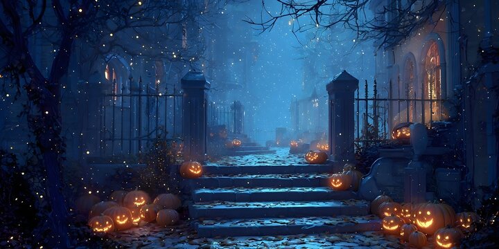 Spooky Halloween night in a forest with a blue moonlit sky stars and aurora reflecting on water with dark trees and distant city lights - Powered by Adobe