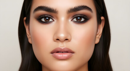 Fototapeta premium close-up portrait of young woman with smooth skin and bold eyebrows looking directly at camera under soft daylight in studio with neutral background